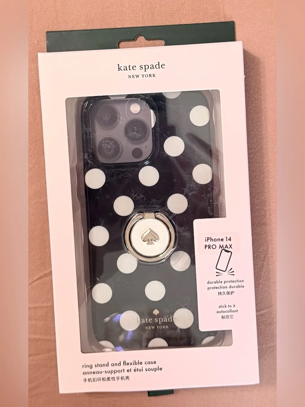 NIB kate spade Black & White Polka Dot iPhone 14 Pro Max Case with Gold Ring